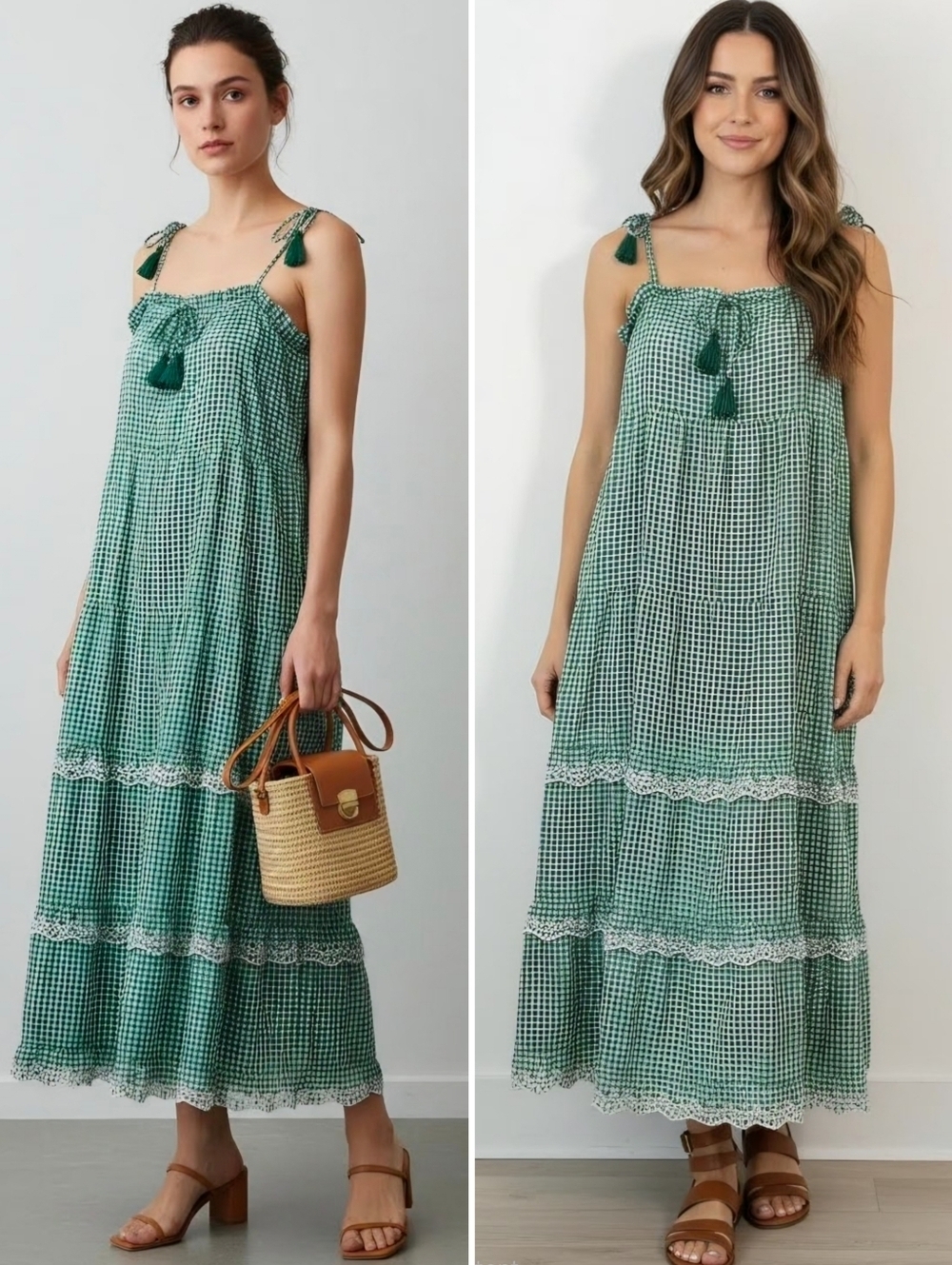 New! J Crew Gingham Scallop Embroidered Tiered Spaghetti Strap Beach Maxi Dress